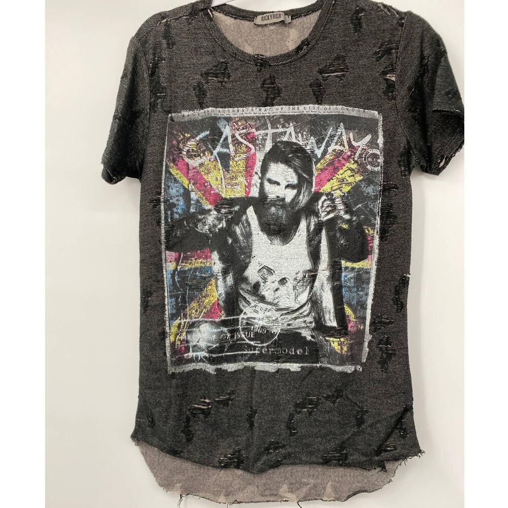 Ricky Rich Mens Gray Short Sleeve Distressed T-shirt Size: Small